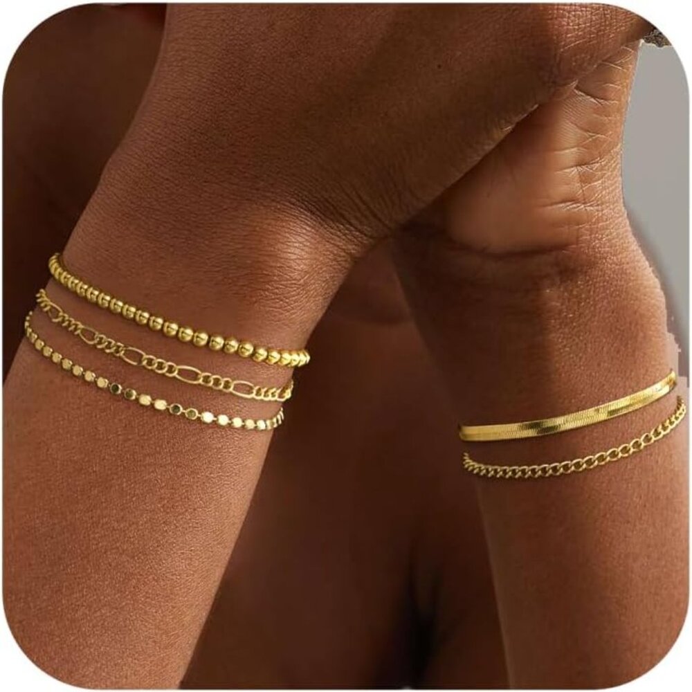 Gold Bracelets for Women Waterproof, 14K Real Gold Jewelry Sets Trendy Thin Dain
